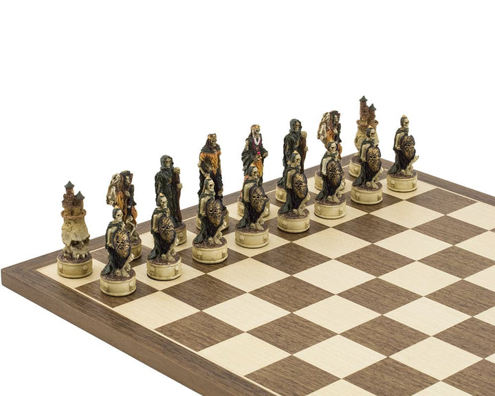 Zombie hand-painted chess pieces by Italfama on a 16-inch board. Exquisite detail, crafted in Italy, with felted bases and 3-inch king.