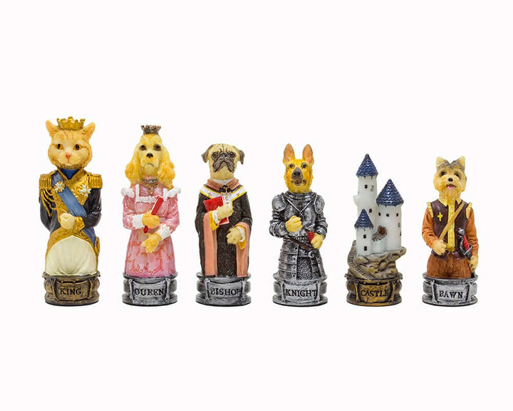 Hand-painted Cats Vs Dogs-themed chess pieces by Italfama featuring noble dog and cat breeds. Ideal for a 16 inch board. Made in Italy.