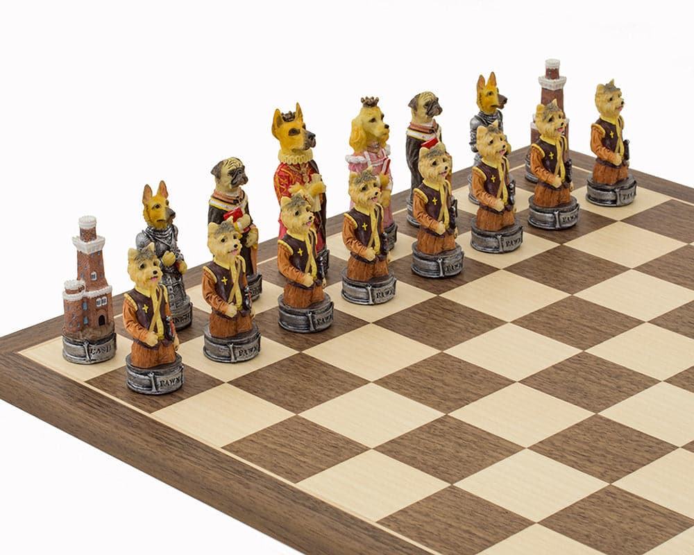 Hand-painted Cats Vs Dogs themed chess pieces on board by Italfama, featuring a Great Dane king and Spaniel queen, made in Italy.