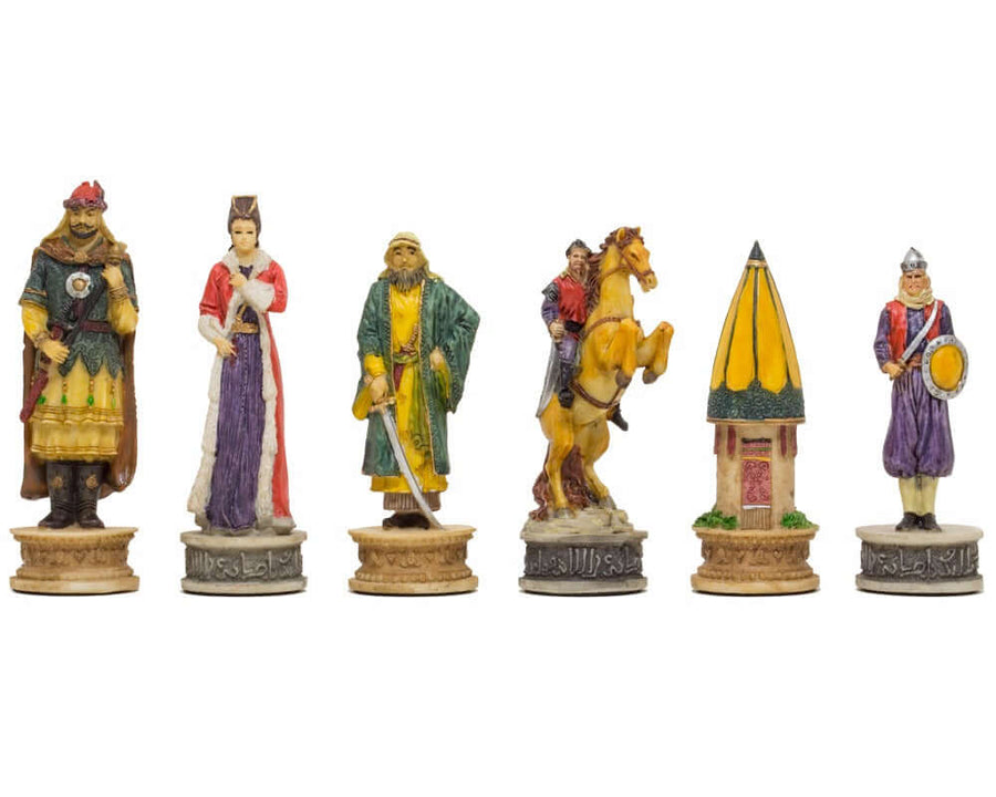 Hand painted Hungarians vs Turkish themed chess pieces by Italfama featuring detailed figures and vibrant colors.