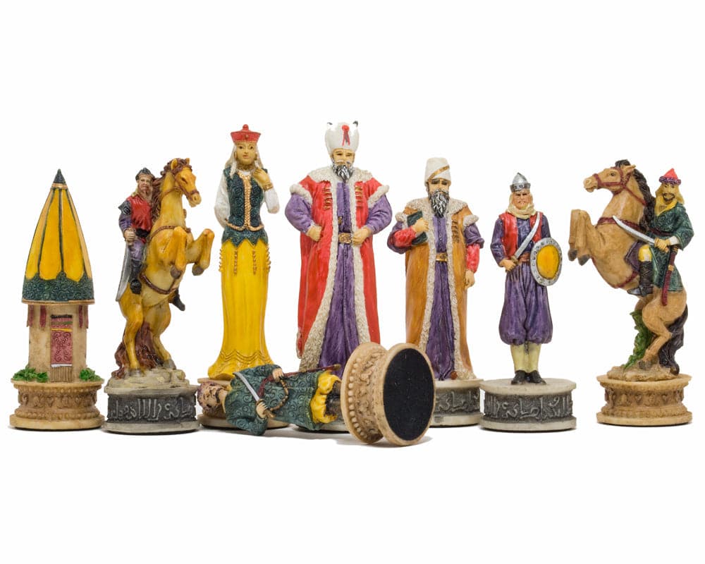 Hand painted Hungarians vs Turkish themed chess pieces by Italfama showing intricate details and vibrant colors.