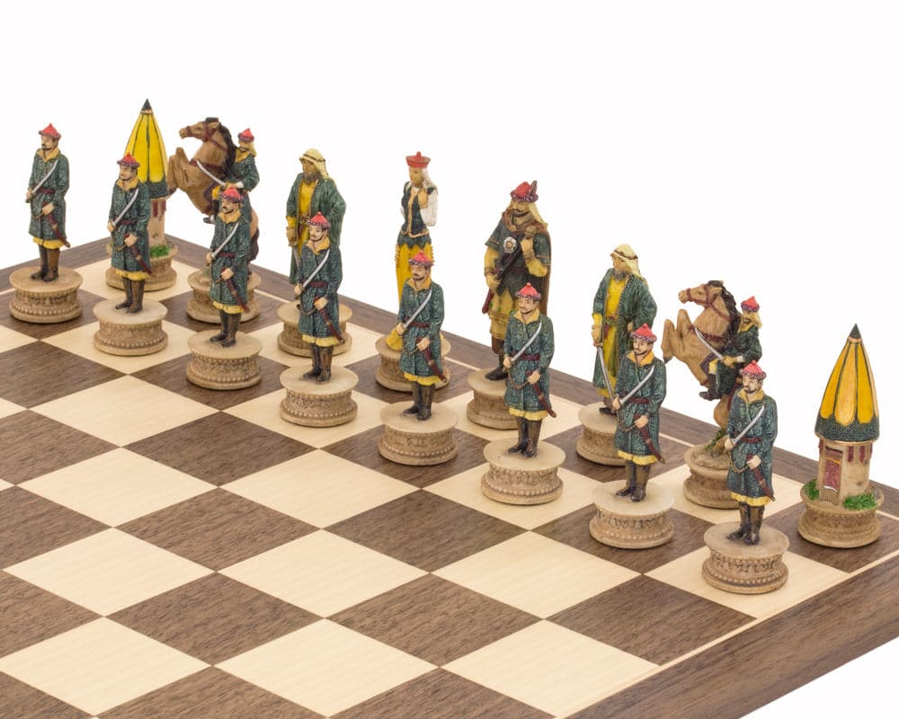 Hand painted Turkish themed chess pieces by Italfama on a wooden chessboard