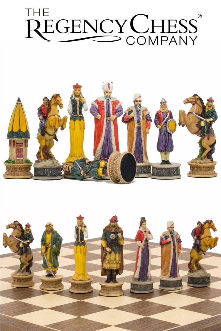 Hand painted Hungarians vs Turkish themed chess pieces on a chessboard by Italfama from The Regency Chess Company