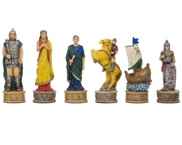 The Battle of Troy hand-painted themed chess pieces by Italfama featuring Greek and Spartan army figures crafted in Florence, Italy.