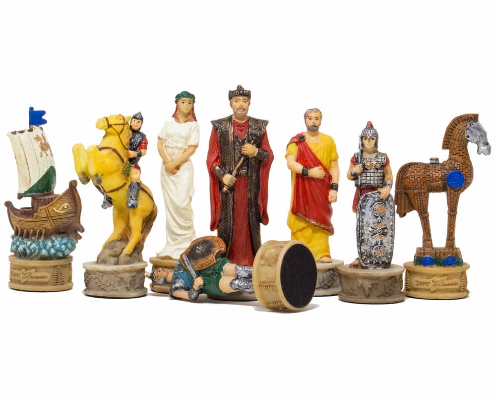 The Battle of Troy hand-painted resin chess pieces by Italfama, featuring Greek and Spartan armies, crafted in Florence, Italy.