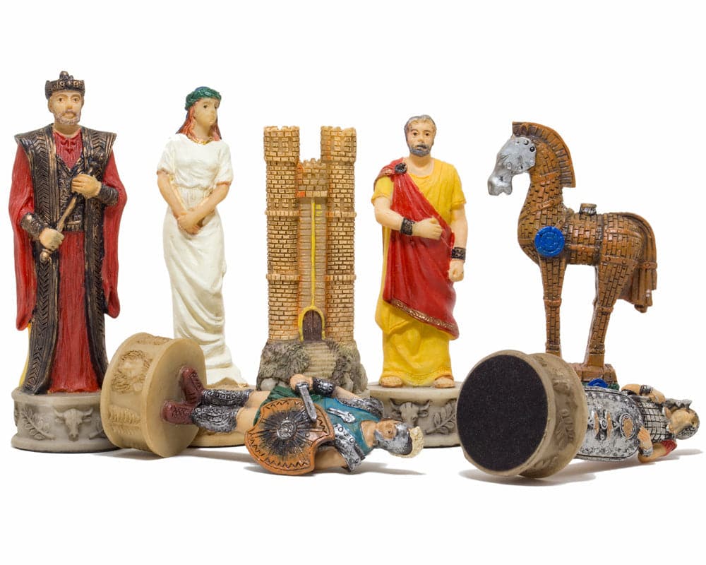 The Battle of Troy hand-painted resin chess pieces by Italfama depicting Greek and Spartan armies with detailed designs.