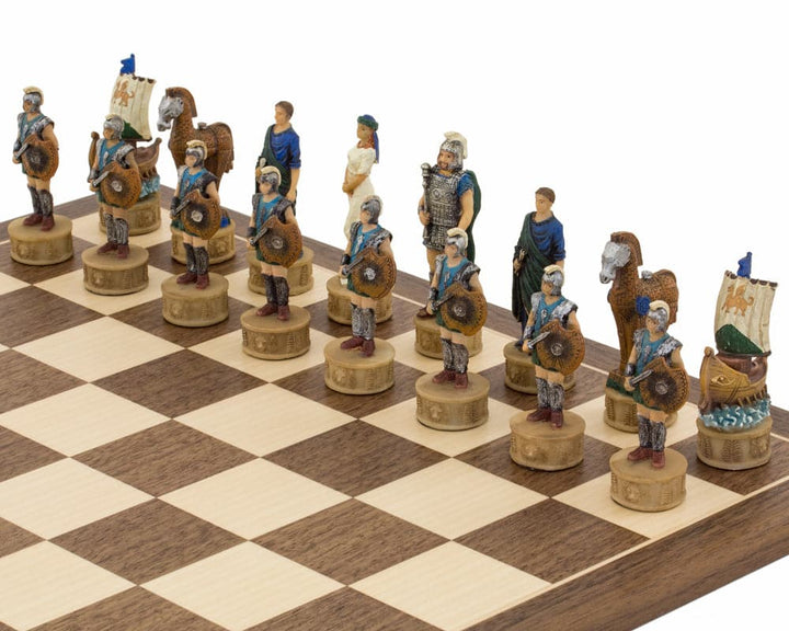 Hand-painted Battle of Troy themed chess pieces by Italfama, featuring intricately detailed Greek and Spartan armies.