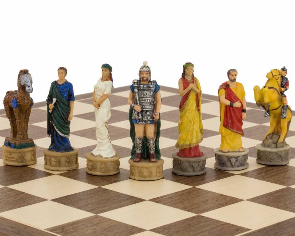 Hand-painted Battle of Troy themed chess pieces by Italfama on chessboard.