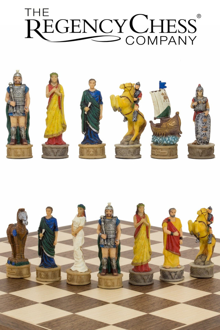 The Battle of Troy themed hand-painted chess pieces by Italfama, featuring Greek and Spartan figures, on a chessboard.