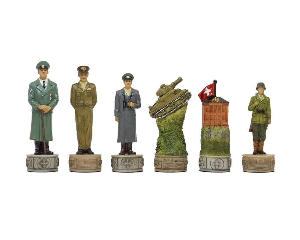 Hand painted Second World War themed chess pieces by Italfama featuring historical figures and military elements on display