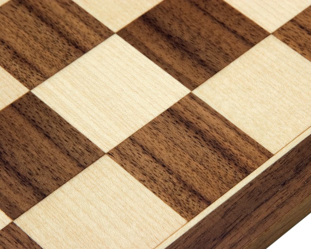 Close-up of 12.5 inch Walnut and Maple Chess Board with 1.35 inch playing squares, showcasing luxurious craftsmanship made in Spain.