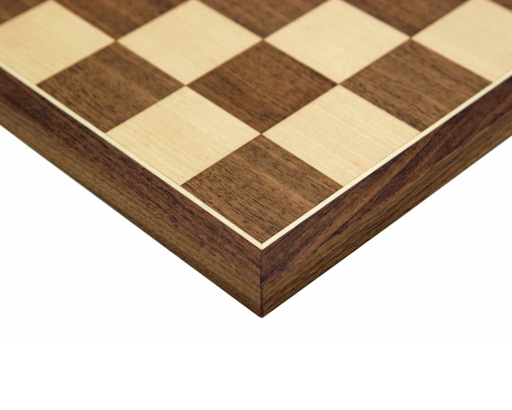 Close-up of 15.75 inch Walnut and Maple chess board with 1.75 inch squares, handcrafted in Spain by Rechapados Ferrer S.A.