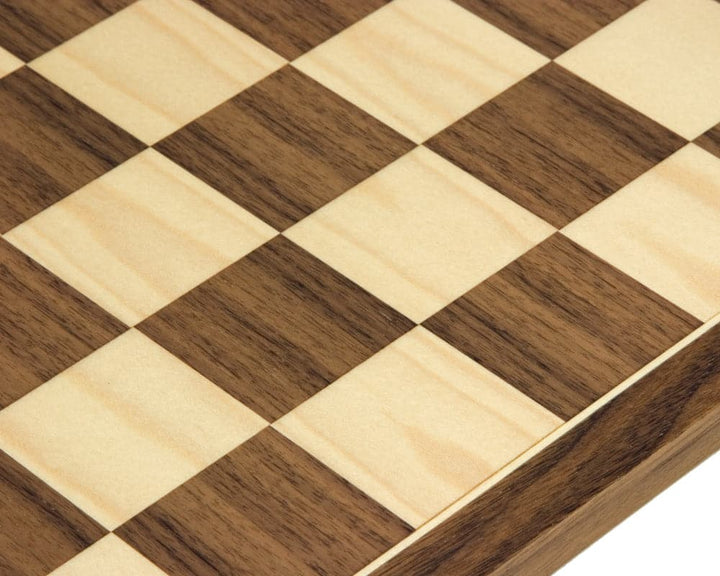 Detailed close-up of a 17.75 inch Walnut and Maple chess board crafted in Spain featuring 1.97 inch playing squares.