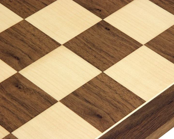 Close-up of a 21.7 Inch Walnut and Maple Chess Board with 2.3 inch squares, showcasing premium wood craftsmanship and intricate detailing.