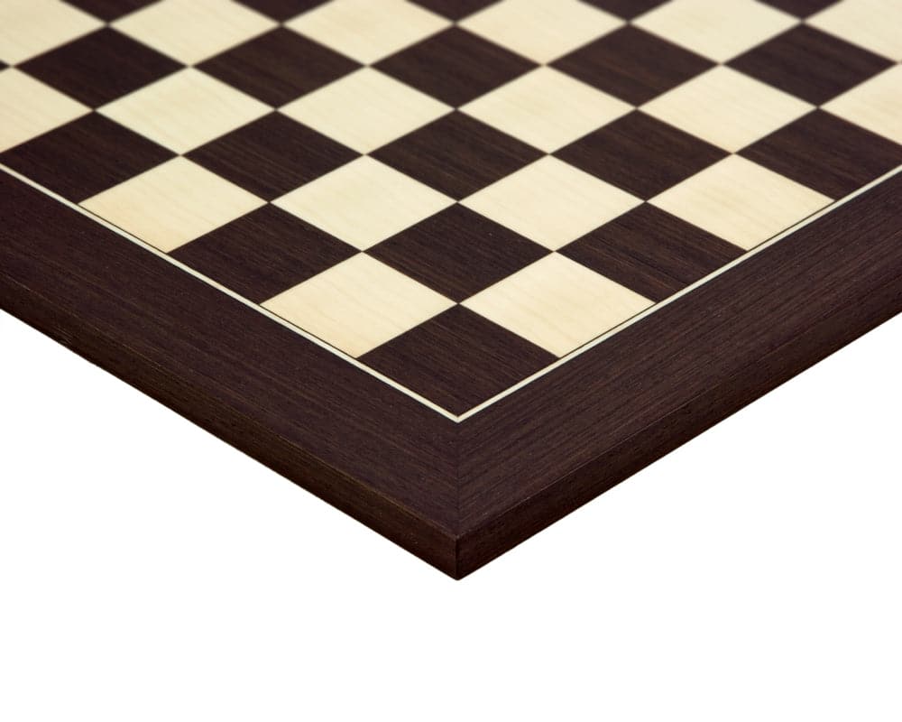 Close-up of 15.75 inch Wenge and Maple Deluxe Chess Board handcrafted in Spain, featuring 1.58 inch playing squares and high-quality veneers.