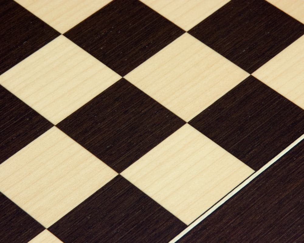 Close-up of 17.75 inch Wenge and Maple deluxe chess board showcasing 1.75 inch playing squares, crafted by Rechapados Ferrer S.A in Spain.