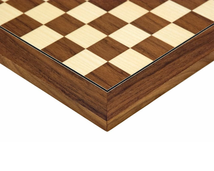 Close-up of 13.75-inch deluxe walnut and maple chess board, showing high-quality craftsmanship by Rechapados Ferrer of Spain.