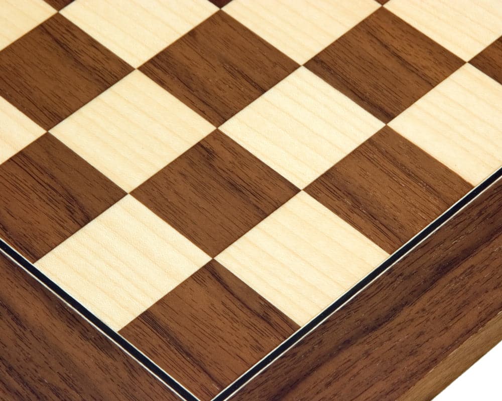 Close-up of 13.75 inch Walnut and Maple deluxe chess board with 1.38 inch playing squares, showcasing its high-quality craftsmanship.