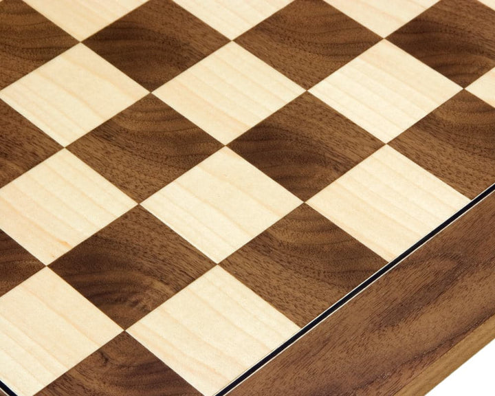 17.75 inch Walnut and Maple deluxe chess board with 1.75 inch playing squares from Rechapados Ferrer S.A, crafted in Spain.