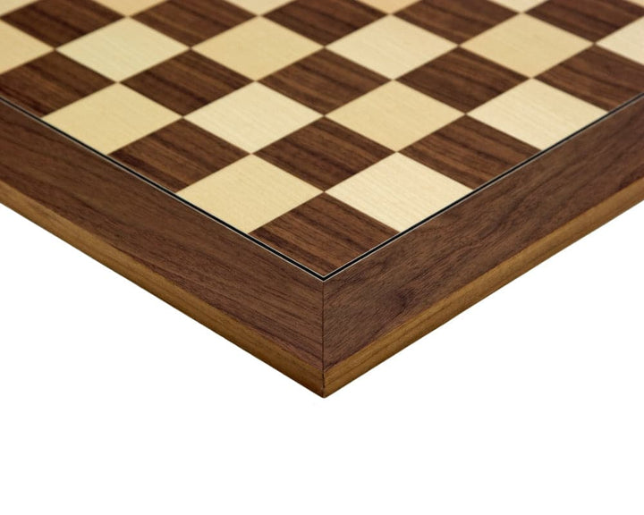 19.7 inch Walnut and Maple deluxe chess board with 1.9 inch playing squares, crafted by Rechapados Ferrer of Spain, showcasing high-grade construction.