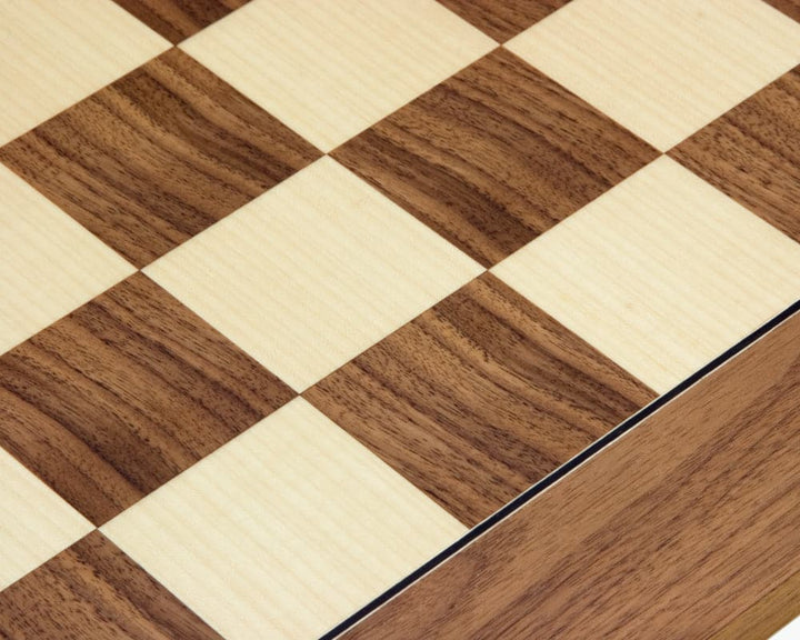 Close-up of 21.7 Inch Walnut and Maple Deluxe Chess Board crafted in Spain with alternating 2.17 inch playing squares by Rechapados Ferrer S.A.