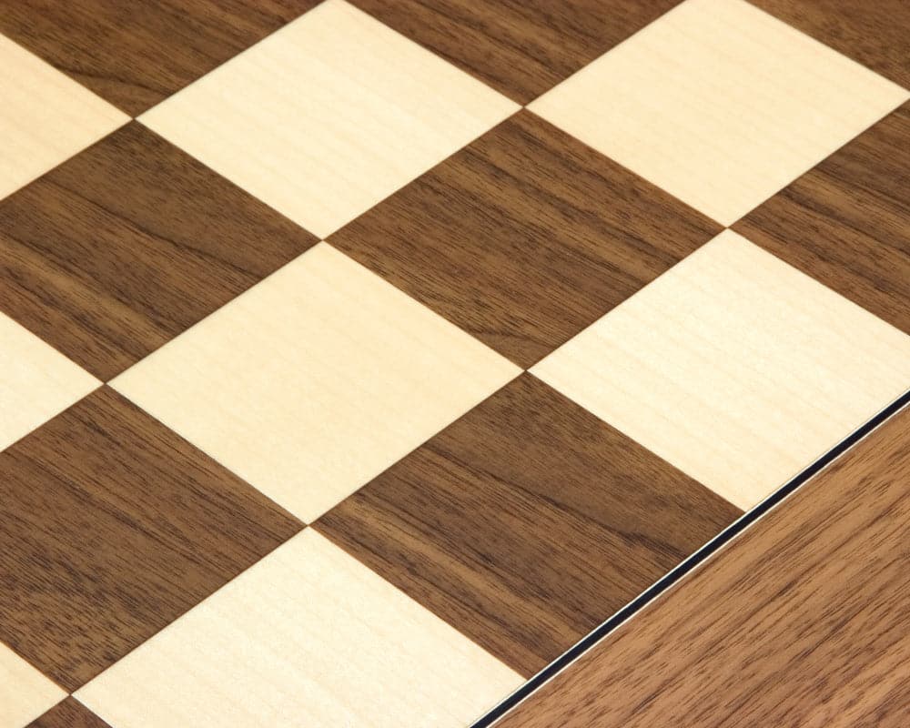 Close-up of 23.6 inch walnut and maple deluxe chess board with 2.36 inch playing squares, crafted by Rechapados Ferrer in Spain.