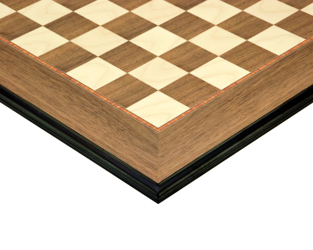 19.7 inch Walnut and Maple Deluxe Chess Board by Rechapados Ferrer S.A. featuring redwood beading and dark moulding effect.