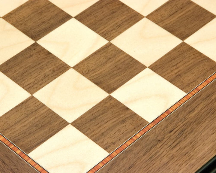 19.7 inch moulded walnut and maple deluxe chess board with redwood beading by Rechapados Ferrer S.A., showing pristine lines and detail.