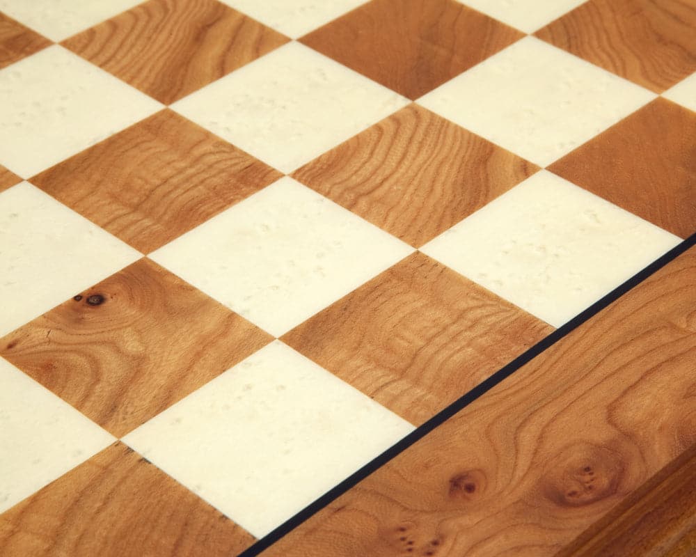 Detailed view of 23.6 Inch Briarwood and Elm Chess Cabinet with 2 inch playing squares, showcasing the exquisite wood grain and craftsmanship.