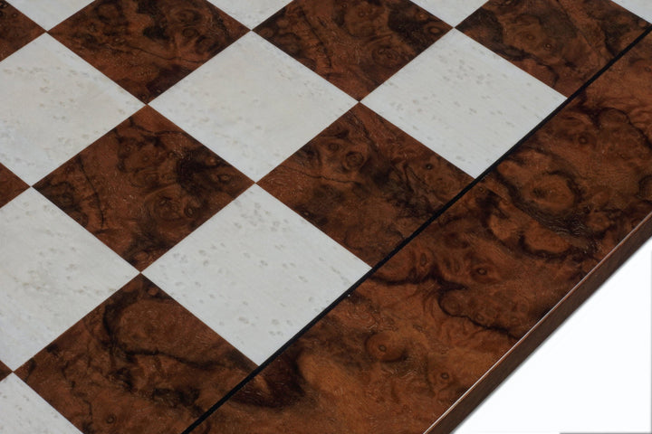 16.75 inch Italian-made luxury chess board featuring beautiful briarwood and elm veneer with 1.55 inch playing squares, showcasing intricate wood grain.