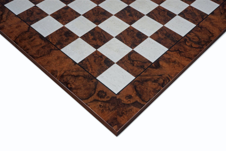 Italian-crafted Briarwood and Elmwood chess board with intricate wood grain and 1.55 inch playing squares.