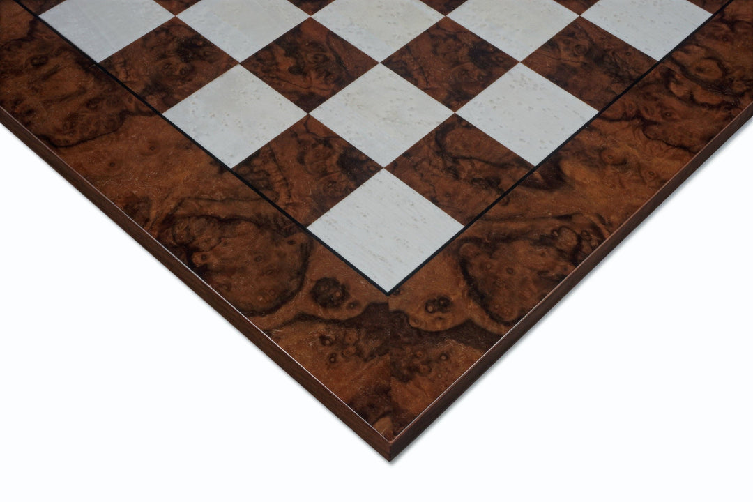 Close-up of Italian-made 16.75-inch Briarwood and Elmwood luxury chess board with 1.55-inch playing squares, showcasing intricate wood grain and rich color.