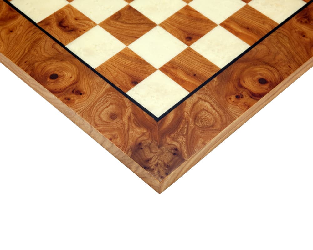 Close-up of 16.75-inch Italian-made chess board featuring stunning Briarwood and Elm veneer with intricate wood grain and 1.55-inch squares.