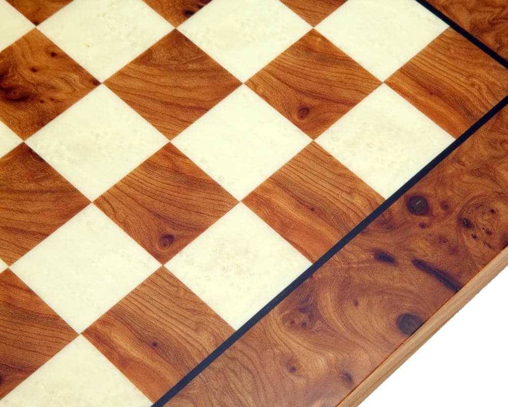 16.75 inch Briarwood and Elmwood luxury chess board with 1.55 inch playing squares showcasing exquisite wood grain and craftsmanship.