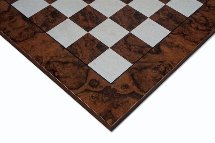 Close-up of 20.5 inch Briarwood and Elm luxury chess board with 1.9 inch playing squares, handcrafted in Italy with a stunning veneer.