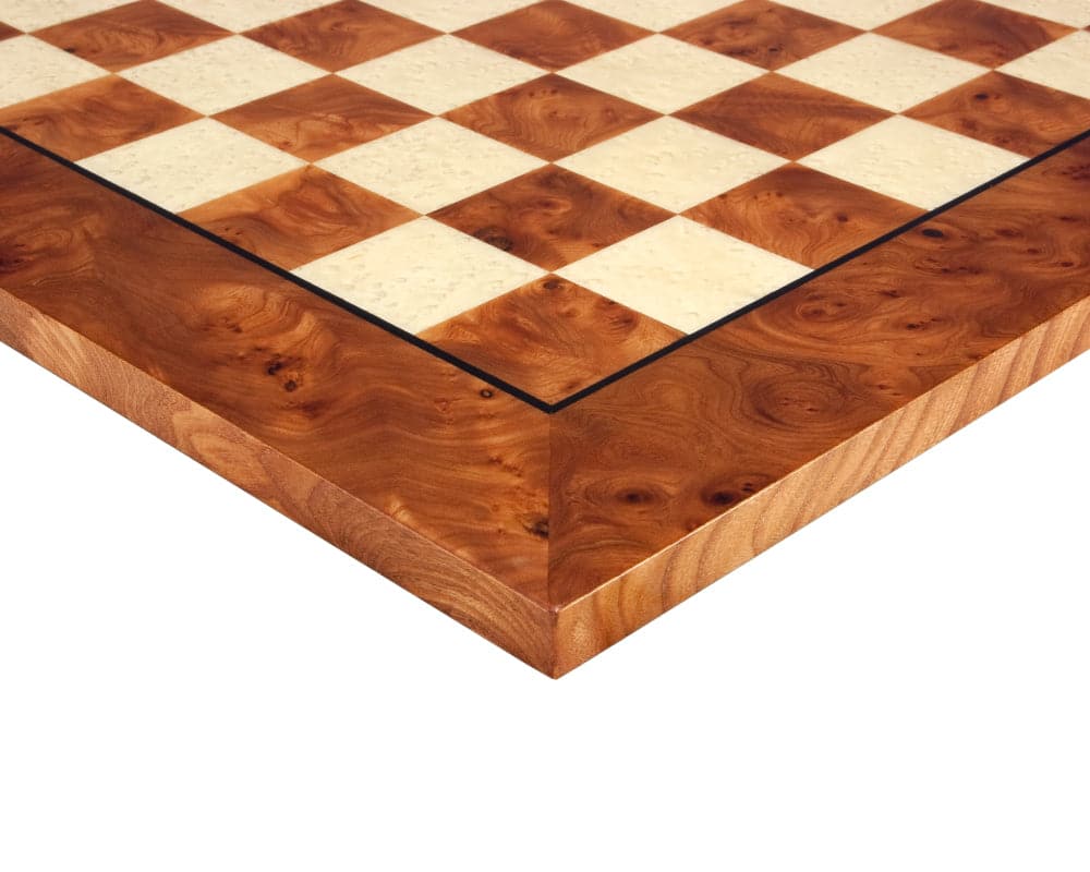 Close-up of handcrafted 20.5 inch luxury Briarwood and Elm chess board with 1.9 inch squares, made in Italy.