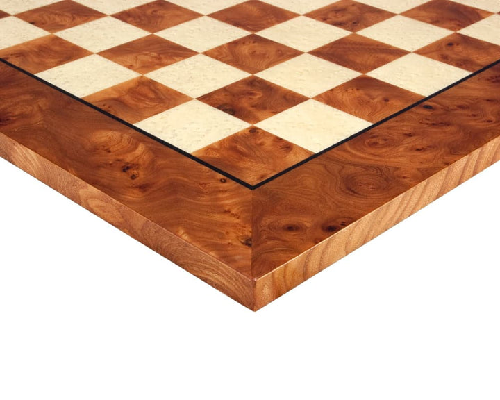 Close-up of handcrafted 20.5 inch luxury Briarwood and Elm chess board with 1.9 inch squares, made in Italy.