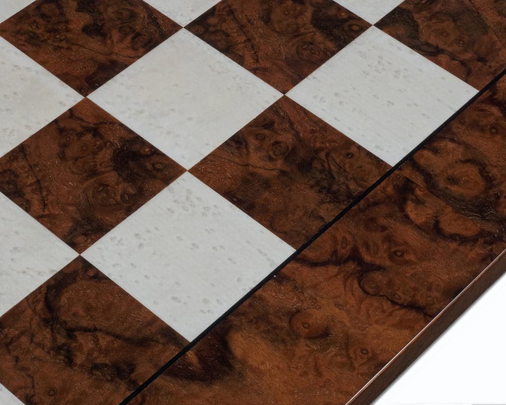 23.6 inch Dark Walnut Burl Luxury Italian Chess Board with 2.36 inch playing squares, handcrafted in Italy from swirling walnut burl.