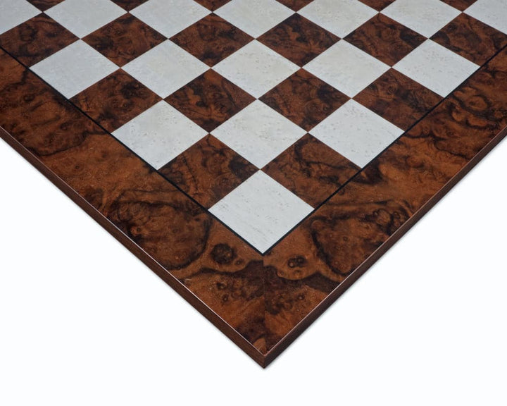 Close-up of handcrafted 23.6 inch dark walnut burl luxury Italian chess board with 2.36 inch playing squares.