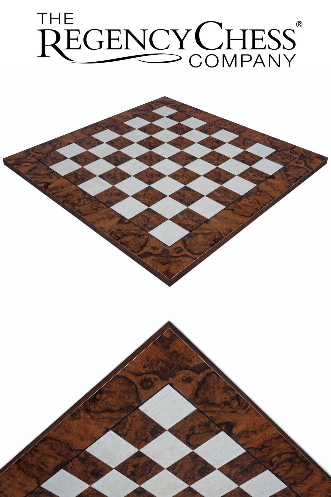 23.6 inch dark walnut burl luxury Italian chess board by The Regency Chess Company, handcrafted with superb quality in Italy