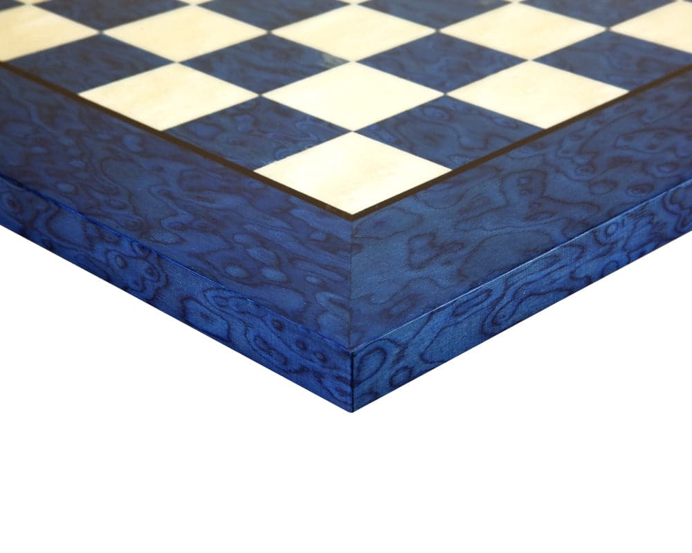 Close-up of 16.5 Inch Blue Erable and Elm Wood Luxury Chess Board with high-gloss lacquer finish and intricate burl wood grain.