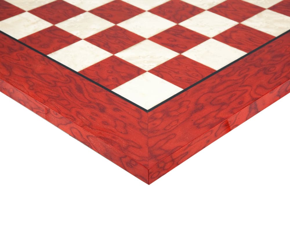 20 Inch Lacquered Red Erable Luxury Chess Board with Elm Squares and High Gloss Finish, Beautifully Crafted in Italy