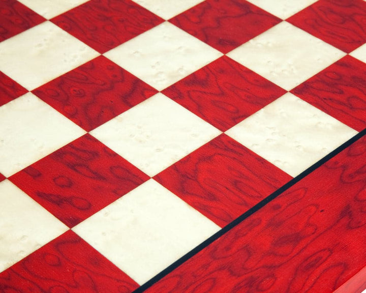 Close-up of 20 Inch Lacquered Red Erable and Elm Luxury Chess Board with high gloss finish, featuring 1.9 inch playing squares.