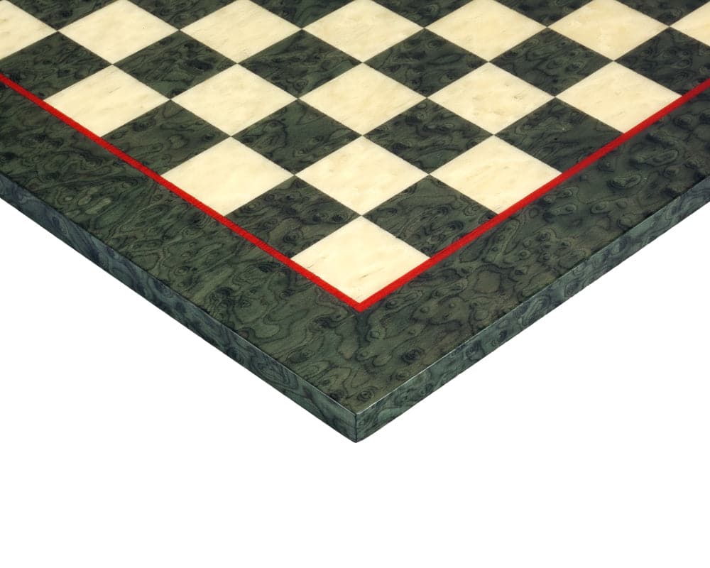 16.75 Inch Olive Green Erable and Elm Wood Luxury Chess Board with High Gloss Lacquer Finish Showing Corner Detail