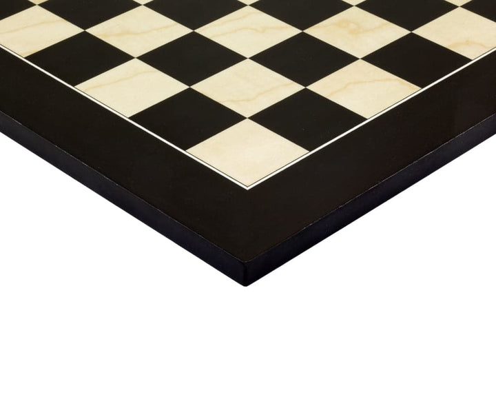 19.7 inch high gloss lacquered black anegre and maple deluxe chess board with 1.9 inch playing squares from Spain.