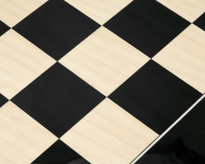 High gloss black anegre and maple chess board with 2.2 inch squares, crafted by Rechapados Ferrer S.A., ideal for 3.75 inch king pieces.