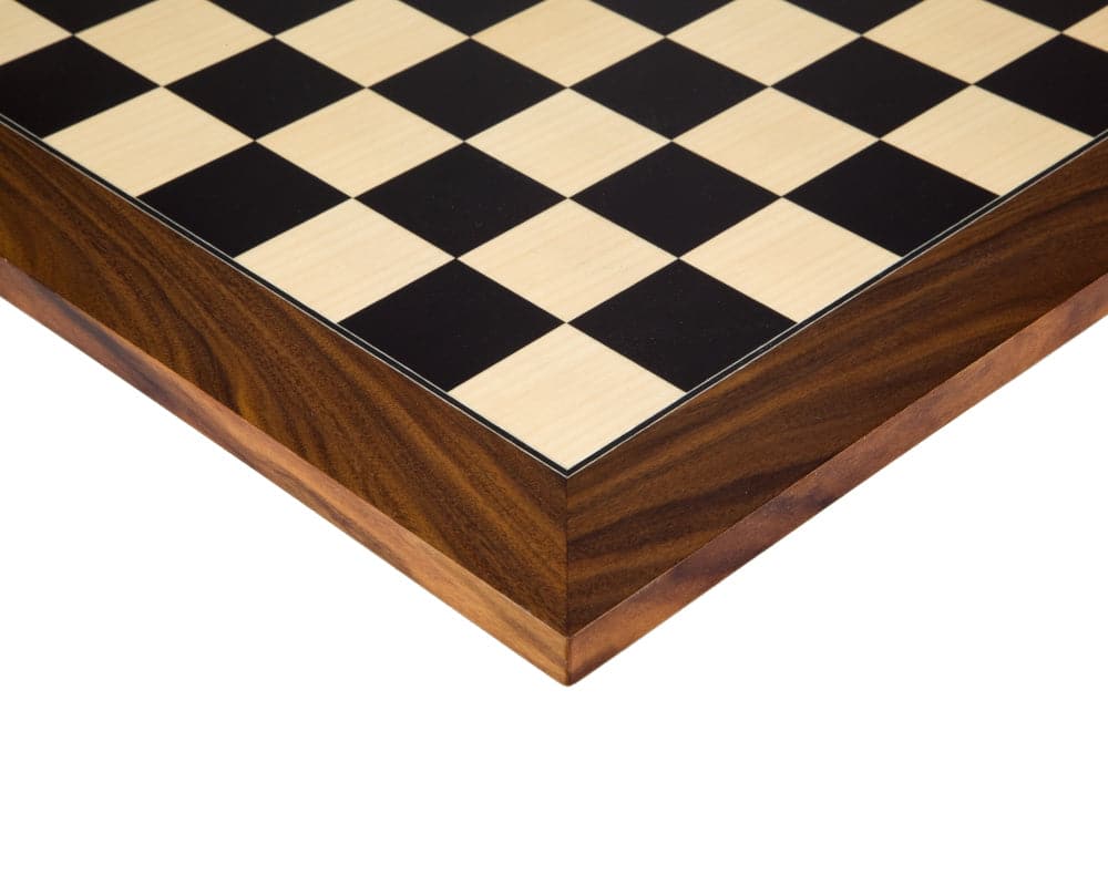 Detailed view of 17.75 inch black anegre and palisander deluxe chess board with high gloss lacquer finish and 1.75 inch playing squares