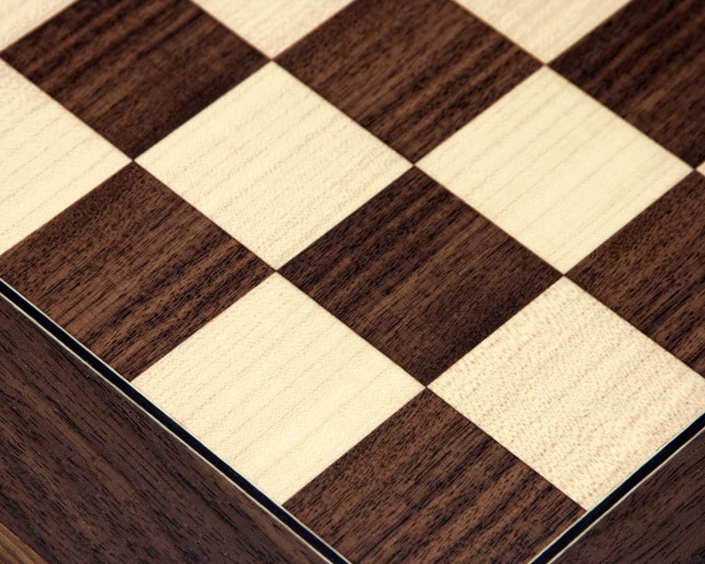 Close-up of 17.75 Inch Montgoy Palisander and Maple Deluxe Chess Board with 1.75 inch playing squares, made in Spain by Rechapados Ferrer.