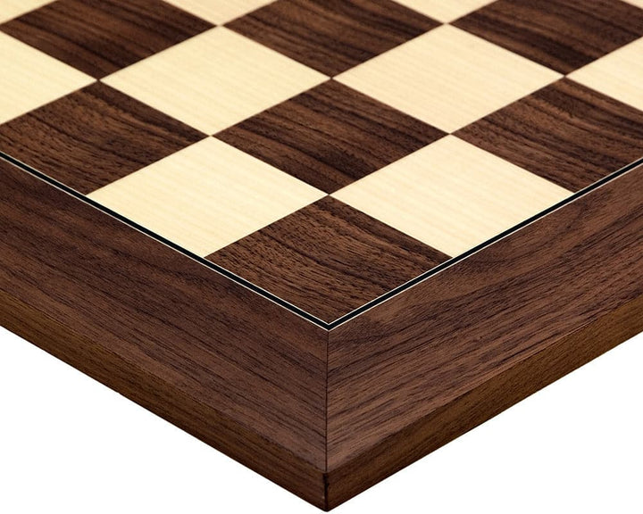 Close-up of 21.7 inch Montgoy Palisander and Maple Deluxe Chess Board with 2.17 inch squares, crafted in Spain by Rechapados Ferrer