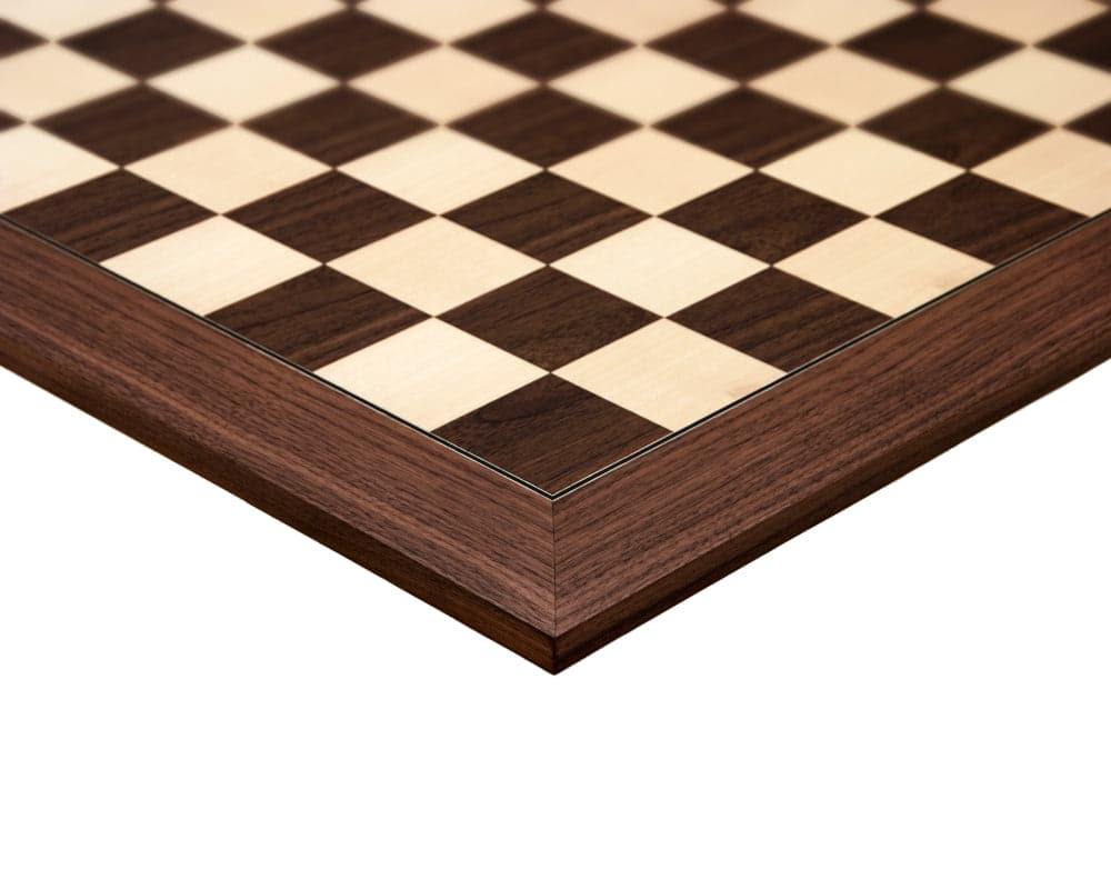 Close-up of 23.6-inch Montgoy Palisander and Maple Deluxe Chess Board with 2.36-inch playing squares, crafted in Spain.